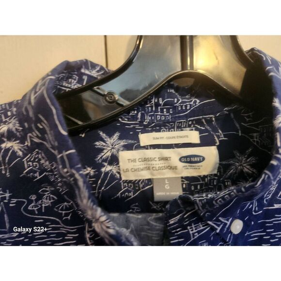 M24 Old Navy classic slim fit button shirt, navy circus carnival print Men's L - Picture 3 of 9